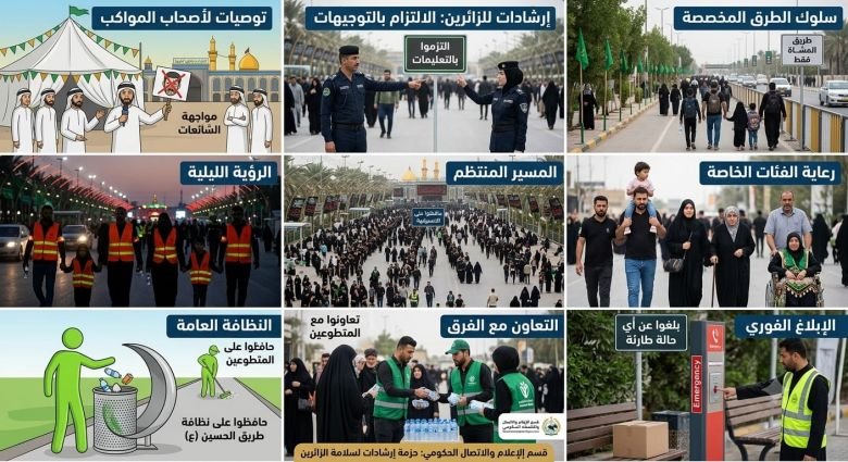 إنفوجرافيك يضم 9 لوحات توعوية تُفصّل إرشادات سلامة زوار الأربعينية.