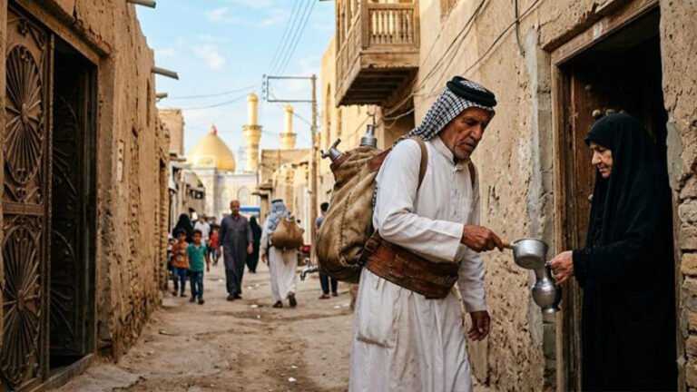 سقاء يسود الماء لامرأة أمام منزلها في زقاق قديم تظهر في نهايته قبة ومآذن ذهبية.