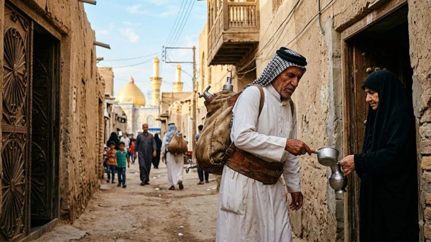 سقاء يسود الماء لامرأة أمام منزلها في زقاق قديم تظهر في نهايته قبة ومآذن ذهبية.