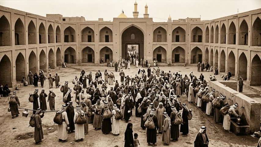 تجمع كبير للسقائين والأهالي داخل باحة خان تراثي قديم.
